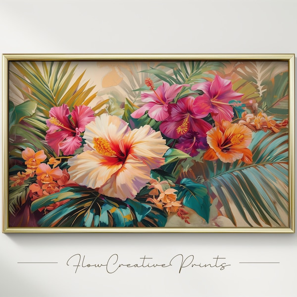 Tranquillité tropicale : hibiscus vintage et feuilles de palmier - oeuvres d'art à télécharger pour un bonheur botanique