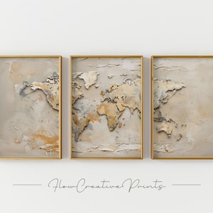 Wereldkaart muurkunst - set van 3 panelen, antieke afdrukbare poster cadeau, trendy muurkunst als digitale download om af te drukken en in te lijsten