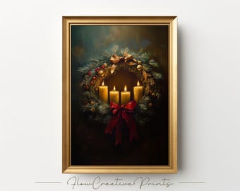 May include: A framed print featuring a Christmas wreath with four lit candles. The wreath is adorned with pine needles, red berries, and gold ornaments. A red bow is at the bottom, and a gold bow is at the top. The frame is gold.
