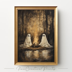 Quirky Ghost Campfire Art - Spooky Season Digital Download, Farmhouse Halloween Wall Decor, Moody Cottagecore Ghost Poster, Dark Academia