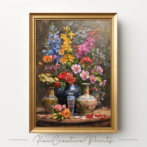 Renewal in Bloom: Vintage Floral Arrangement in Antique Vases - Rustic Charm Capturing the Essence of Springtime - Home Decor Art Print