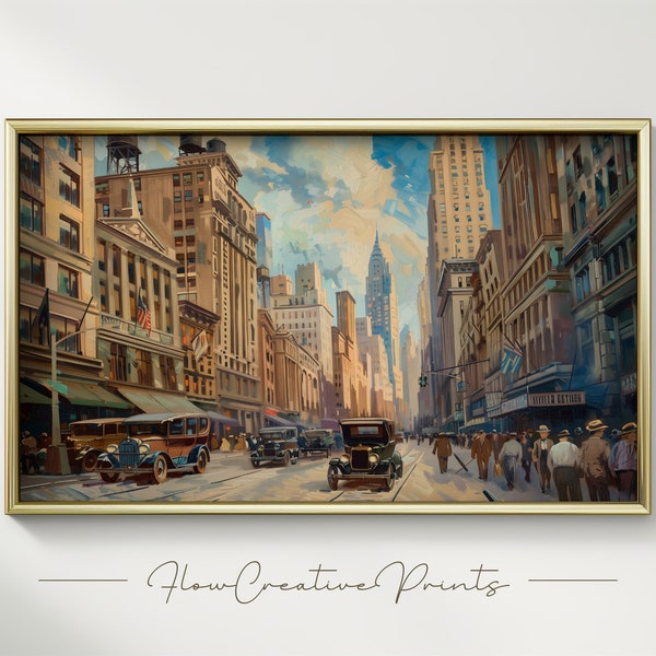 Streets of 1920s New York City - 20s era NYC artwork, flapper era wall art, Gatsby city painting, Manhattan skyline, digital art download