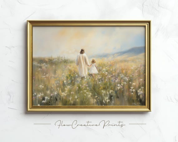 Jesus and a Little Girl Walking in a Meadow - Bible Verse Wall Art, Printable Religious Art Print, Christian Catholic Artwork Decor