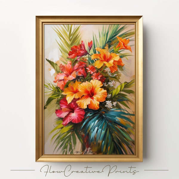 Élégance tropicale : peinture à l'huile vintage - hibiscus et feuilles de palmier à télécharger pour un magnifique papier peint bouquet de fleurs sauvages