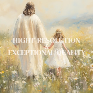 May include: A painting depicting a man and a young girl walking through a field of flowers. The man is wearing a white robe and the girl is wearing a white dress. The sky is a light blue and the sun is shining.