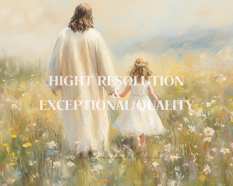 May include: A painting depicting a man and a young girl walking through a field of flowers. The man is wearing a white robe and the girl is wearing a white dress. The sky is a light blue and the sun is shining.