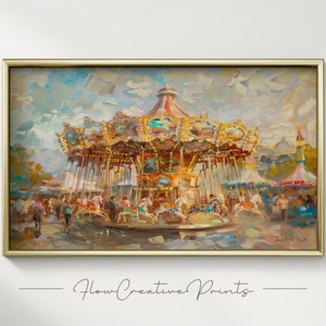 Könnte beinhalten: Ein farbenfrohes Karussell mit Pferden und Lichtern, in einem fantasievollen Stil gemalt. Das Karussell ist von Menschen und Bäumen umgeben, was eine festliche Atmosphäre schafft.