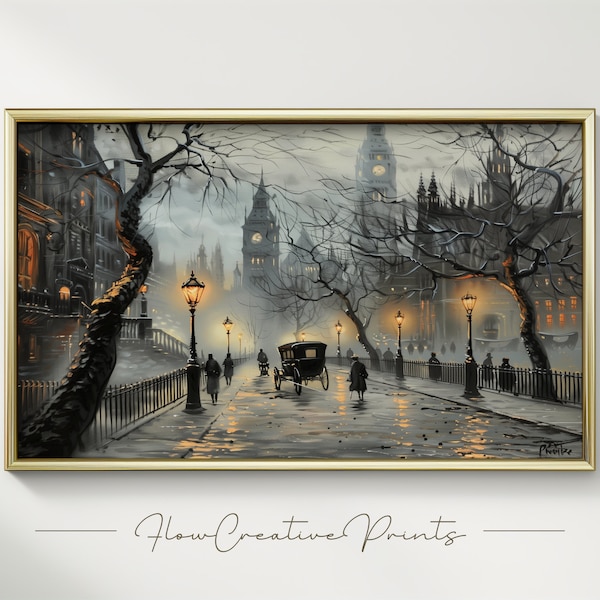 Antique London cityscape - victorian painting, vintage cityscape, 19th century wallart, urban illustration, historical old town, artwork