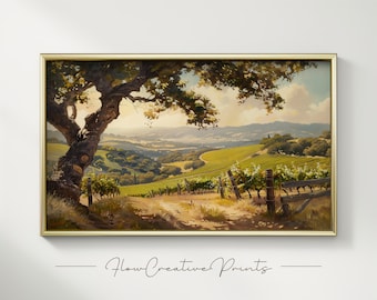 Vintage Vineyard Valley Cottagcore Decor - printable wall art, oil painting, samsung frame tv art, downloadable art, landscape painting