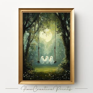 Cute Ghosts on a Swing in Spooky Forest | Quirky Ghost Art for Farmhouse Halloween | Moody Victorian Ghost Wall Decor | Digital Download