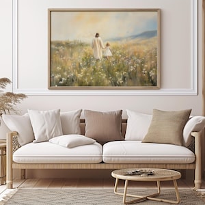 May include: A painting depicting a woman and a young girl walking through a field of wildflowers. The woman is wearing a white dress and the girl is wearing a pink dress. The painting is executed in a soft, muted palette and has a dreamy, ethereal feel.
