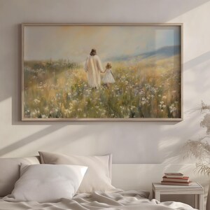 May include: A painting depicting a woman and a young girl walking through a field of wildflowers. The woman is wearing a white dress and the girl is wearing a white dress with a pink sash. The painting is executed in a soft, impressionistic style.