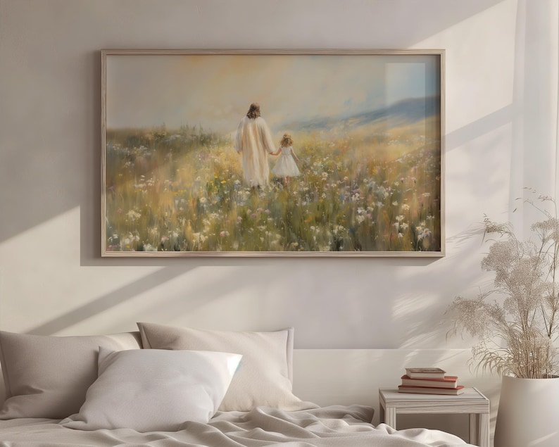 May include: A painting depicting a woman and a young girl walking through a field of wildflowers. The woman is wearing a white dress and the girl is wearing a white dress with a pink sash. The painting is executed in a soft, impressionistic style.