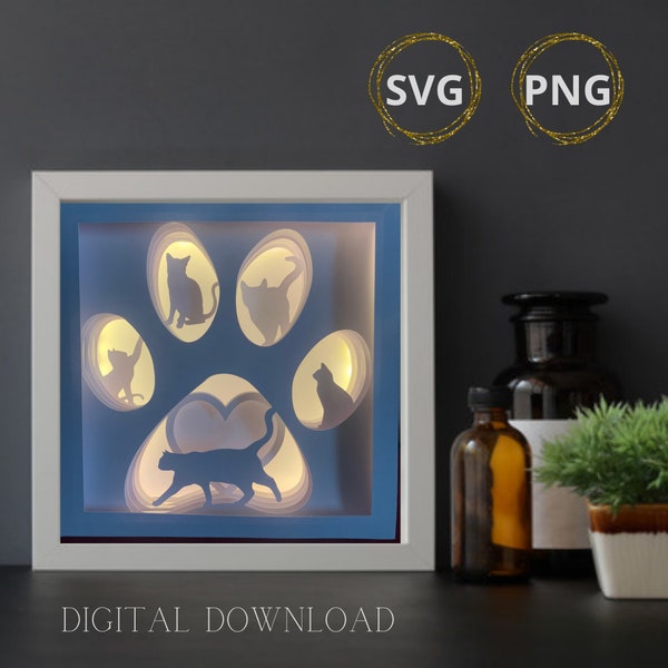 Cat Shadow Box Template - Digital Download, DIY Light and Shadow Play, Pet Paw Art for Plotter or Hand Cutting, Unique Cat Lover Gift