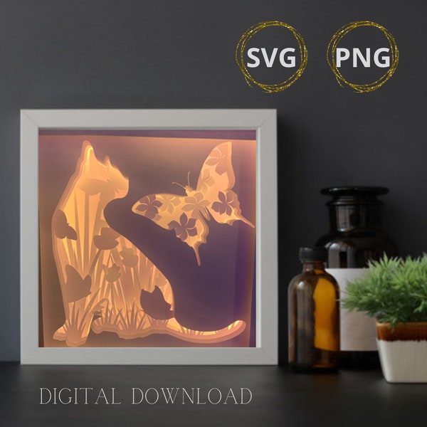 Cat & Butterfly Shadow Box Template - Digital DIY Pattern, Home Decor Crafting, Unique Gift