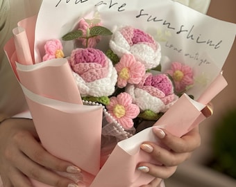 Bouquet all'uncinetto fatto a mano, regalo bouquet di rose, regalo di fiori permanenti, bouquet rifinito squisito, regalo per mamma nonna, regalo di anniversario