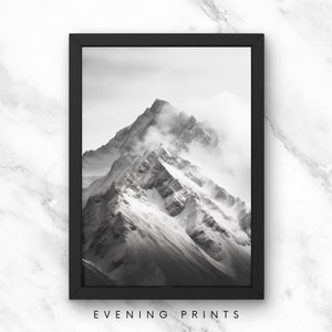 Monochrome Majesty: Snowy Mountain Peaks with Clouds - Black and White Nature Print for Timeless Elegance