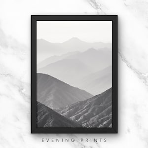 Harmony in Monochrome: Abstract Mountain Landscape Print with Clouds and Trees - Modern Black and White Wall Art for Timeless Tranquility