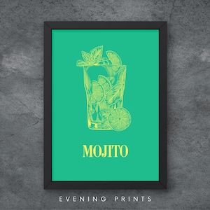 Zielony koktajl Mojito Wydruk - Cyfrowa sztuka ścienna Nowoczesny wystrój kuchni Tropikalny bar Sztuka w formacie A0 A1 A2 A3 A4 15 x 20 cm 30 x 40 cm 50 x 70 cm 70 x 100 cm