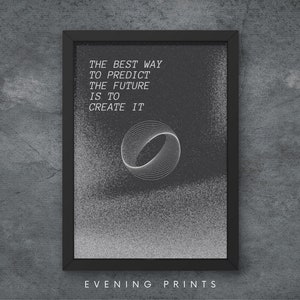 May include: Black framed print with the text "THE BEST WAY TO PREDICT THE FUTURE IS TO CREATE IT" in white. A white, abstract, circular design is below the text. The words "EVENING PRINTS" are at the bottom of the print.
