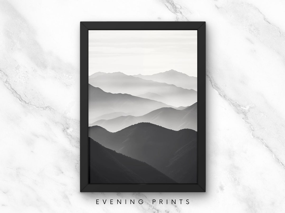 Abstract Peaks: Black and White Mountain Landscape Print With Ethereal ...