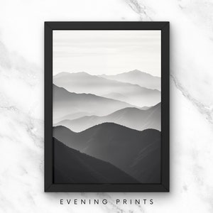 Abstract Peaks: Black and White Mountain Landscape Print with Ethereal Clouds - Modern Wall Art for Timeless Elegance