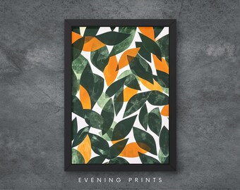 Impression de feuilles vert orange sur fond blanc, art mural botanique sur le thème des feuilles, plusieurs tailles, inspiration nature A4, A3, A2, A1, A0, art moderne