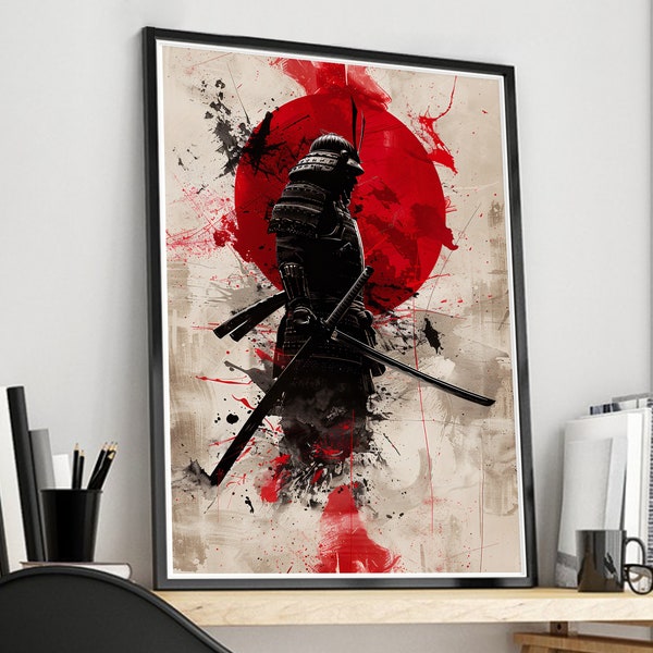 Imagen abstracta de un samurai con armadura, arte minimalista, arte abstracto, impresión única.