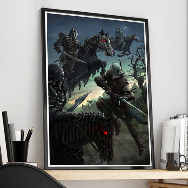The Witcher 3 Wild Hunt | Geralt of Rivia | Game Poster | Single Print | Featuring Watercolor and Abstract Art | battle scene with Wild Hunt