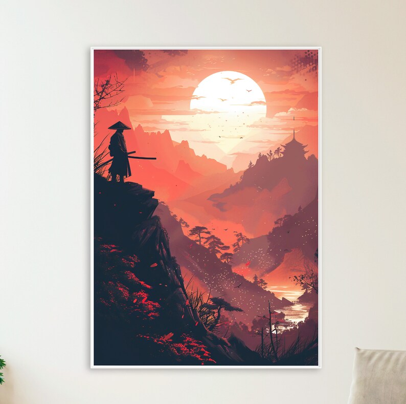 Abstract Samurai in Japanese Landscape, Sunrise Over Mountains and Lake ...