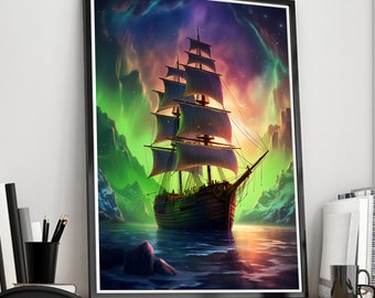 Sailing ship sailing through a gorge with the northern lights in the background - Watercolor print, set of 1.