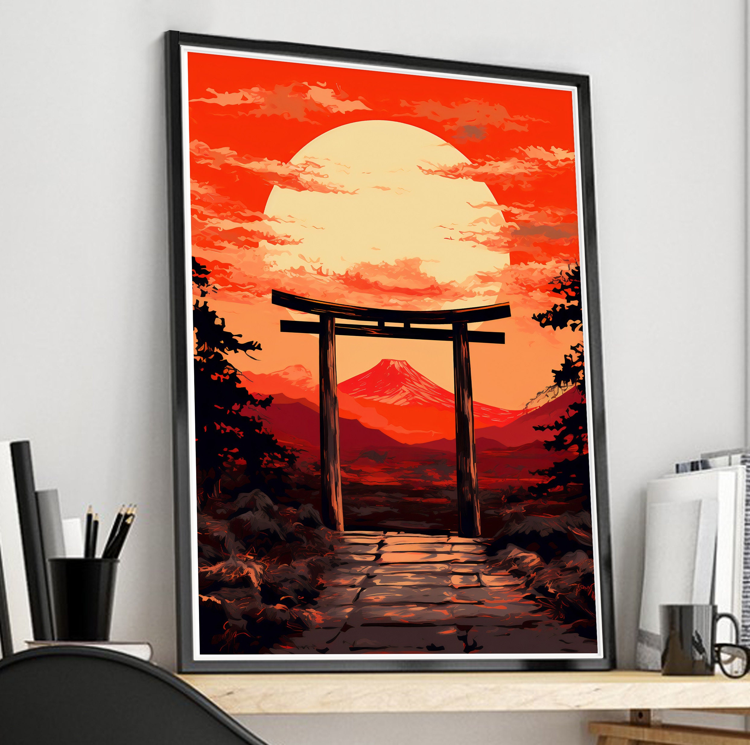Landscape: Japanese Torii Gate With Mount Fuji Background, Watercolor ...