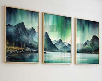 Scandinavian Mountain Landscape with Aurora Borealis on the Coastline - Set of 3 Watercolor Prints