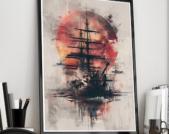 Affiche représentant des navires de guerre dans un style abstrait, art abstrait, impression unique