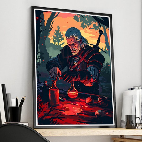 The Witcher 3 Wild Hunt | Geralt of Rivia brews elixirs | Game Poster | Single Print | Featuring Watercolor and  vector  drowing.