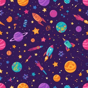 May include: A seamless pattern featuring a dark purple background filled with colorful illustrations of rockets, various planets in shades of orange, blue, and purple, and yellow stars scattered throughout the space-themed design.