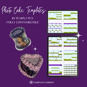 May include: Purple graphic with the text "Photo Cake Templates" and "16 Templates Fully Customizable." Two digital tablets display cake design templates. Two photo cakes are shown, one cylindrical and one heart-shaped.