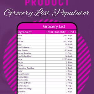 May include: A purple graphic with the words "New Product" and "Grocery List Populator." A grocery list is displayed with ingredients and quantities, including flour, milk, and eggs. The list is set against a purple background.