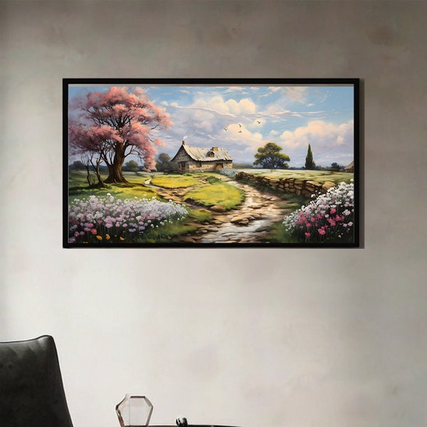 Einsames altes Haus mit Blumenlandschaft, Farmhouse Dekor, Naturbild