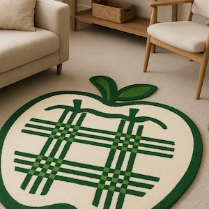 Green Apple Wool Rug: Plaid Kids Room Accent Mat