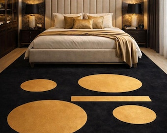 Tapete Preto e Dourado, Tapete Geométrico Moderno, Tapete de Luxo para Sala de Estar, Tapete Abstrato Circular, Tapetes de Lã Tuftados à Mão para Decoração Contemporânea de Casa