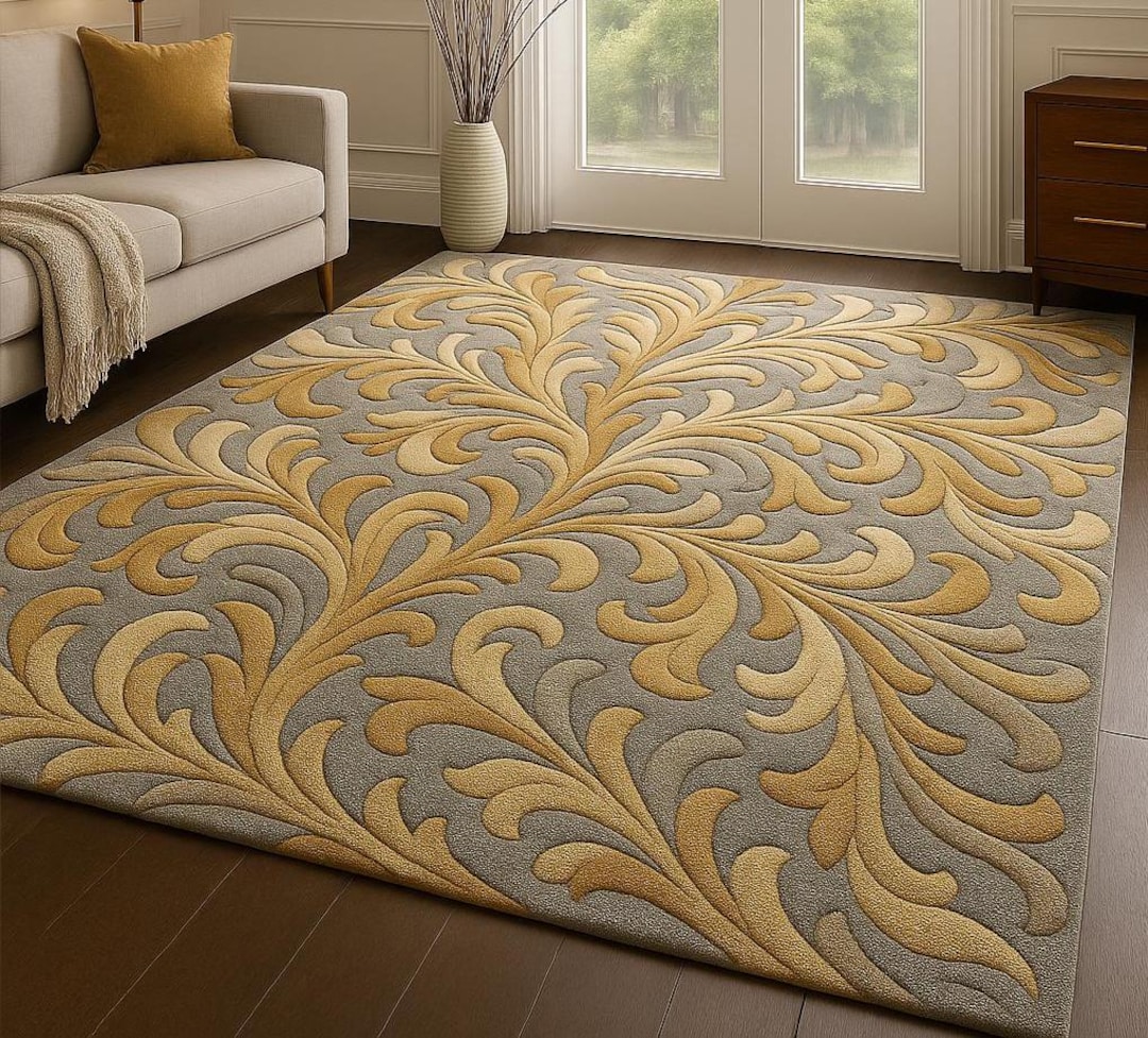 Mustard Yellow Floral Rug, Grey Gold Scroll Area Rug, Luxury Hand ...