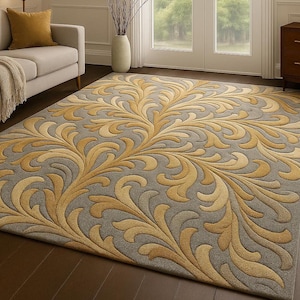 Mustard Yellow Floral Rug, Grey Gold Scroll Area Rug, Luxury Hand Tufted Wool Carpet, Modern Living Room Decor, Custom Size