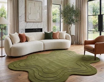 Olive Green Organic Shape Rug, Hand Tufted Wool Wavy Rug, Modern Abstract Area Rug, Minimalist Irregular Shape Rugs Contemporary Living Room