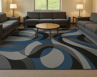 Hand Tufted Wool Rug | Modern Abstract Blue & Grey Wave Design