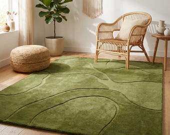 Retro Wavy Green Shag Rug, Hand Tufted Wool Area Rug, Mid Century Modern Abstract Carpet, Plush Cozy Living Room Rugs