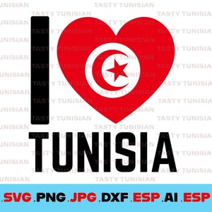 J&#39;aime la Tunisie SVG, drapeau en forme de coeur, fichier de téléchargement numérique, fichier de coupe Cricut, svg, pdf, ai, png, jpg, esp, fichier dxf