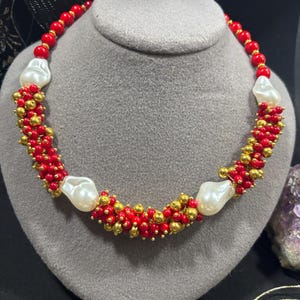 Coral Necklace with Baroque Freshwater Pearls & Gold-Tone Details — Elegant Handmade Jewelry