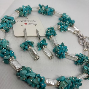 Turquoise Pearl Jewelry Set – Necklace, Bracelet, Earrings