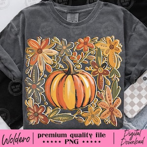 Glitter Boho Fall Floral Pumpkin PNG Design T-shirt | Autumn Flower Pumpkin Graphic | Sparkle Leaf Shirt Design | Sublimation Ready Digital